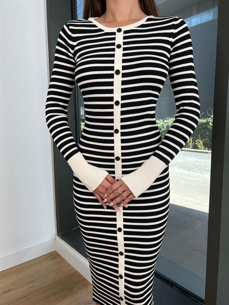 Önü Düğme Detaylı Çizgili Karl Kadın Siyah Midi Elbise 24k247