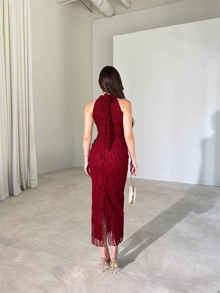 Flok Baskı Boyundan Bağlamalı Maxi Boy Bordo Karli Kadın Elbise 26Y389