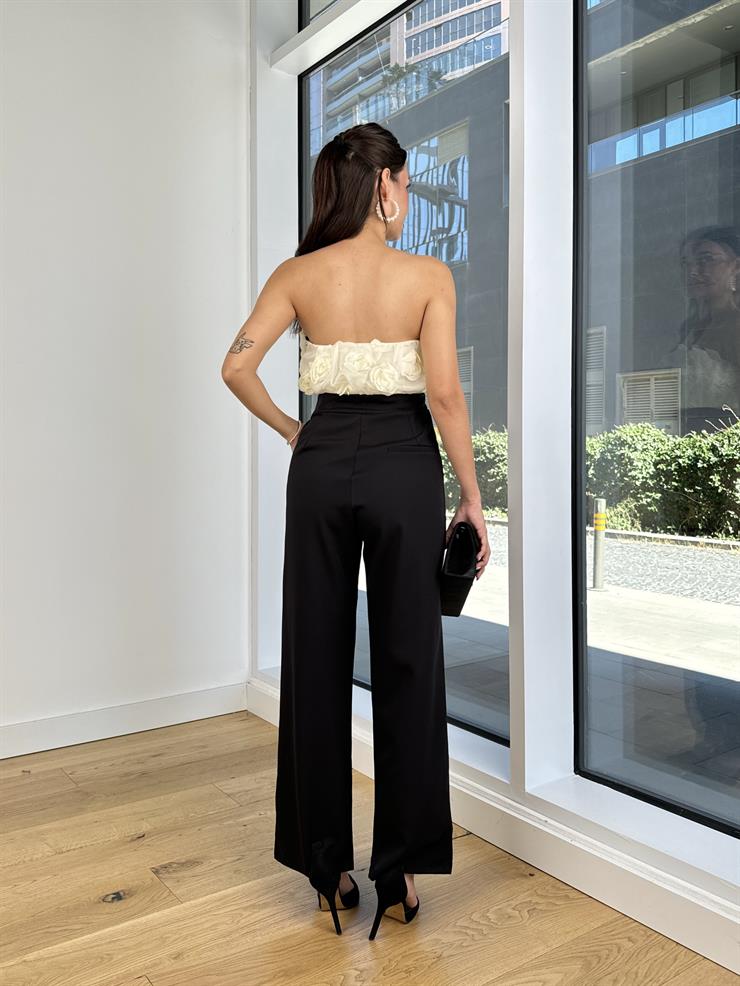 Straplez Çiçek Aksesuarlı Paçası Bol Karlis Siyah Kadın Tulum 25K221