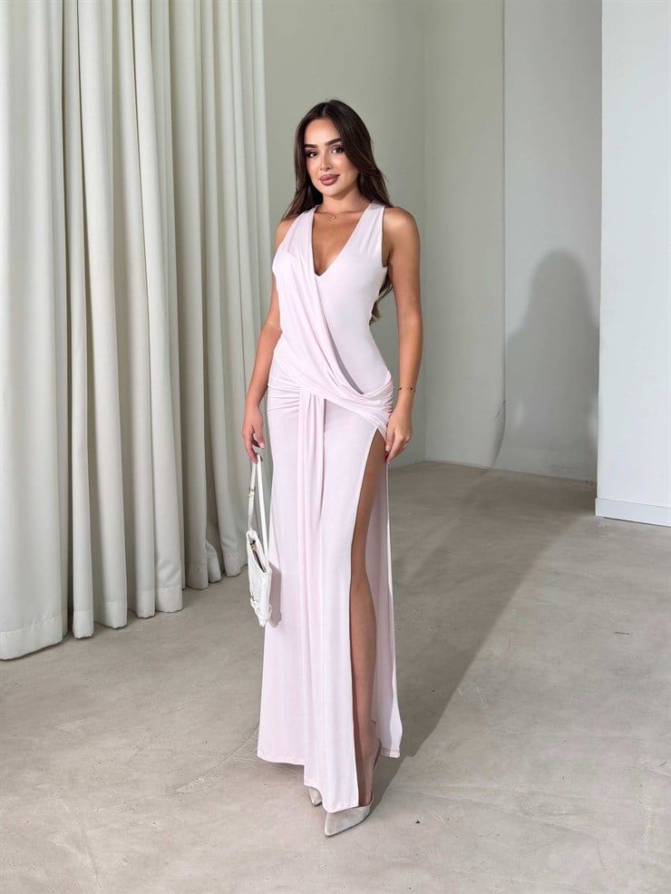 Derin V Yaka Yırtmaçlı Maxi Boy Toz Pembe Karni Kadın Elbise 26Y510