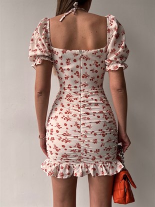 Madonna Yaka Eteği Fırfırlı Drapeli Bella Kadın Kahverengi Mini Elbise 21Y000456