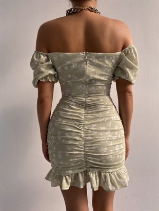 Madonna Yaka Eteği Fırfırlı Drapeli Bella Kadın Yeşil Mini Elbise 21Y000456