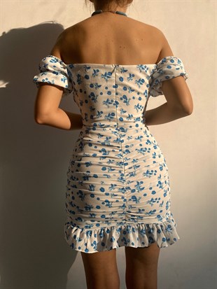 Madonna Yaka Eteği Fırfırlı Drapeli Bella Kadın Mavi Mini Elbise 21Y000456