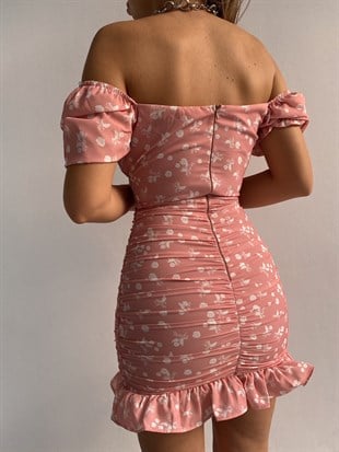 Madonna Yaka Eteği Fırfırlı Drapeli Bella Kadın Pembe Mini Elbise 21Y000456