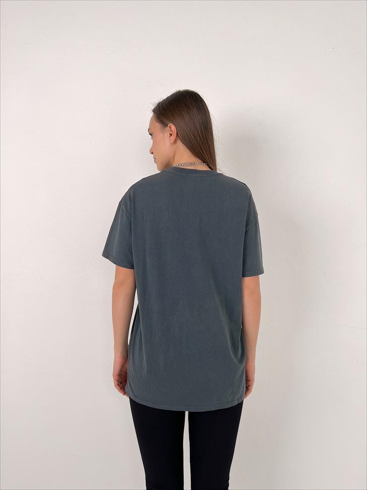 Oversize Kartal Baskılı Kadın Antrasit Tişört 23Y000074