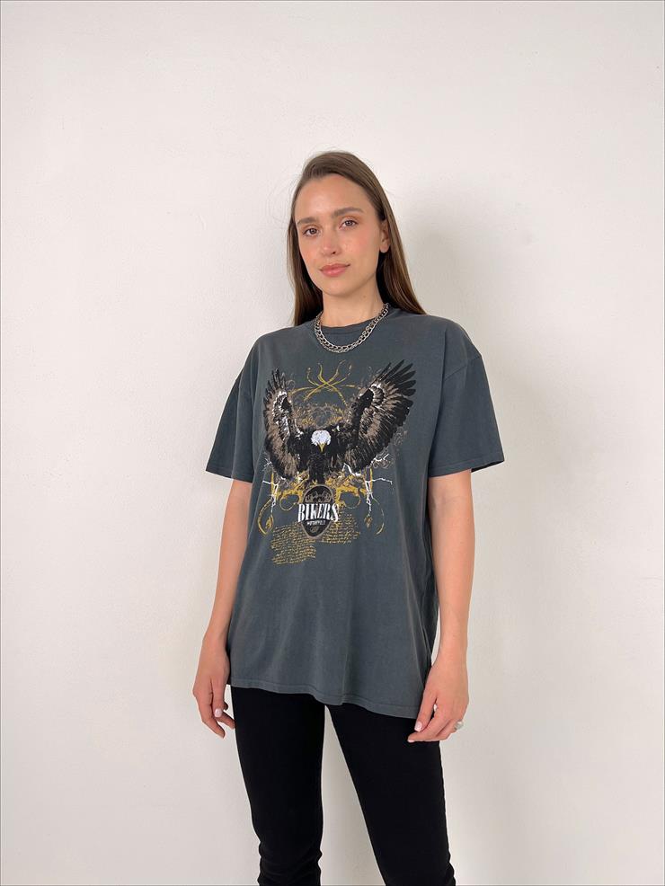 Oversize Kartal Baskılı Kadın Antrasit Tişört 23Y000074