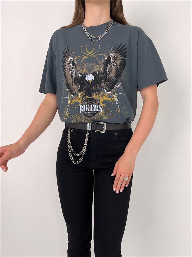 Oversize Kartal Baskılı Kadın Antrasit Tişört 23Y000074