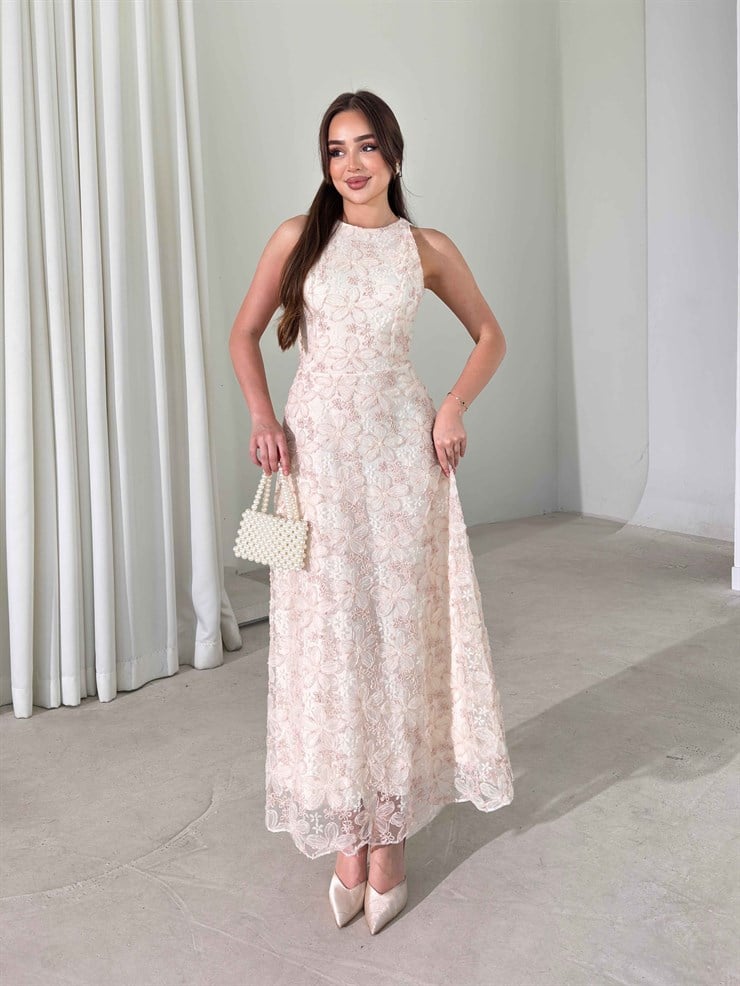 Parıltılı Sıfır Kol Maxi Pembe Kasey Kadın Elbise 26Y266