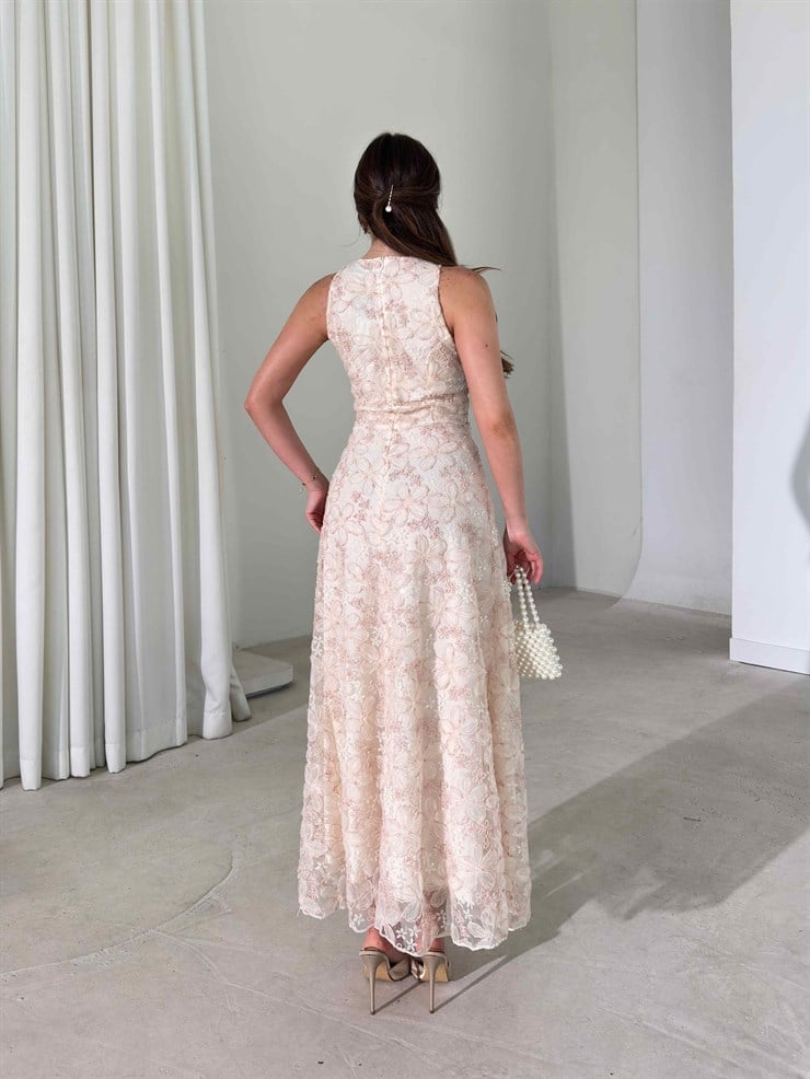 Parıltılı Sıfır Kol Maxi Pembe Kasey Kadın Elbise 26Y266