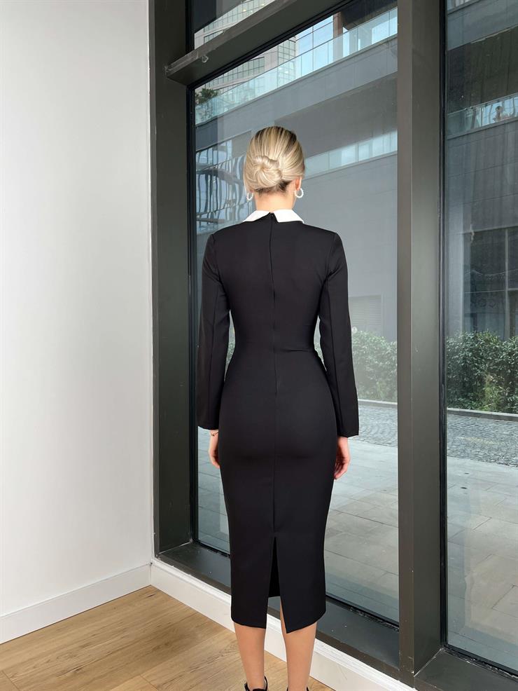 Yakası Garnili Uzun Kollu Arkası Yırtmaçlı Katie Kadın Siyah Elbise 24k311