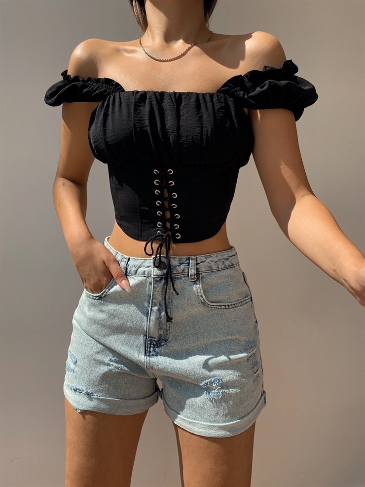 Katlama Paça Detay Yırtıklı Kadın Mavi Kot Şort 21Y000497