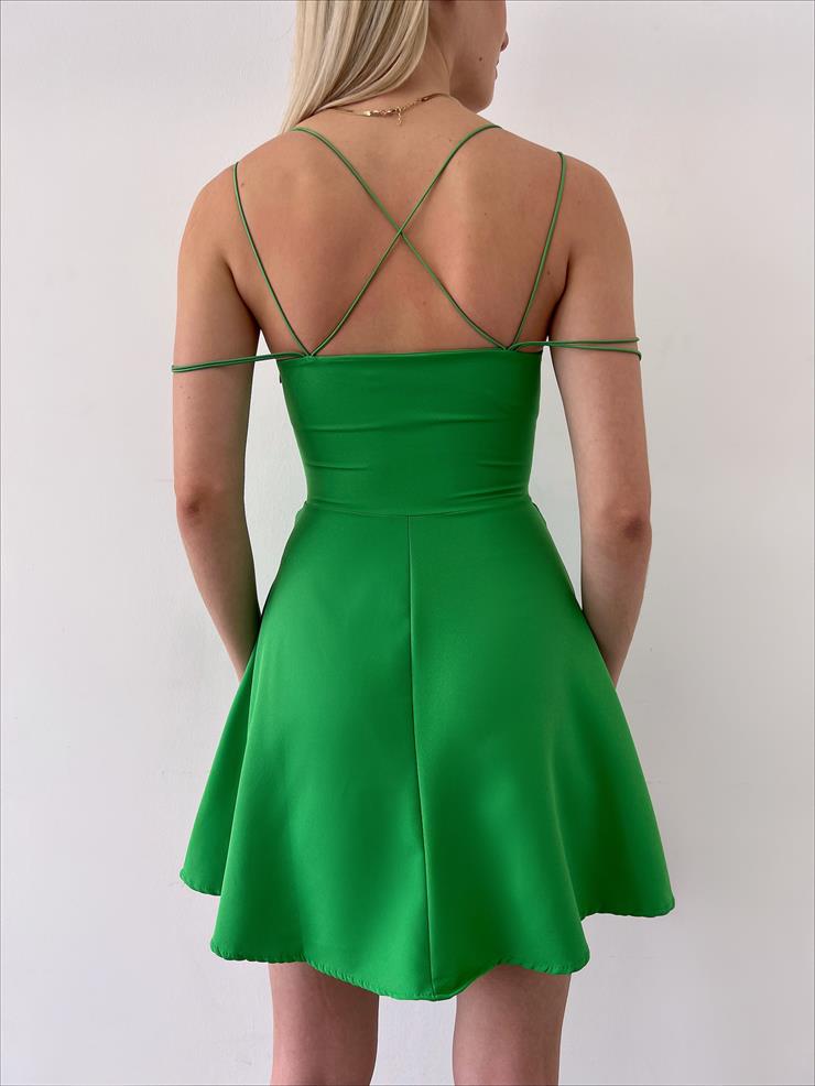 İnce İp Askılı Belden Oturtmalı Arkası Çapraz Detaylı Katriel Kadın Yeşil Mini Elbise 23Y000269