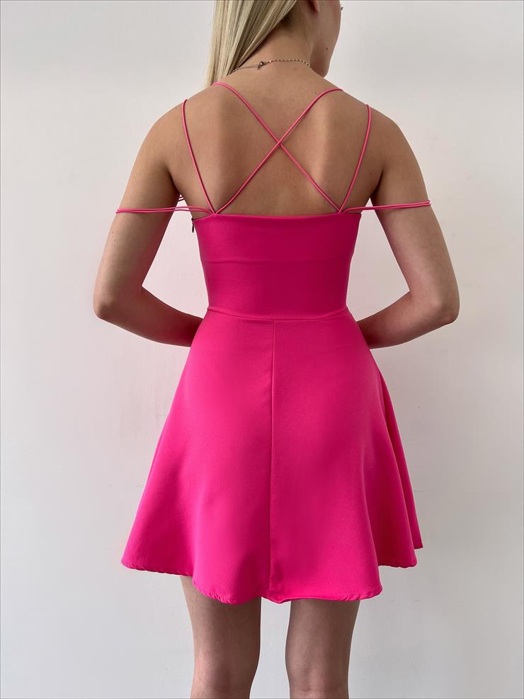 İnce İp Askılı Belden Oturtmalı Arkası Çapraz Detaylı Katriel Kadın Pembe Mini Elbise 23Y000269