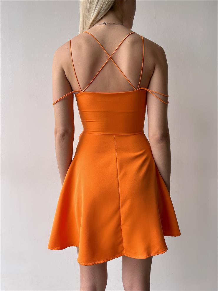İnce İp Askılı Belden Oturtmalı Arkası Çapraz Detaylı Katriel Kadın Turuncu Mini Elbise 23Y000269