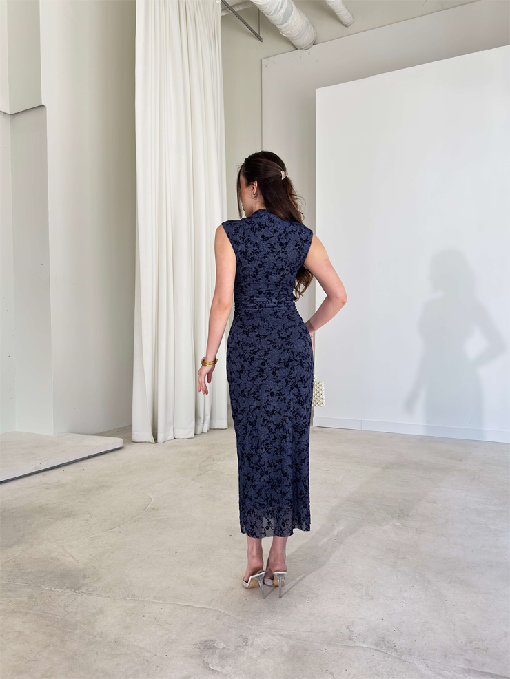 Önü Düğmeli Desenli Drapeli Kavle Lacivert Kadın Elbise 26Y101