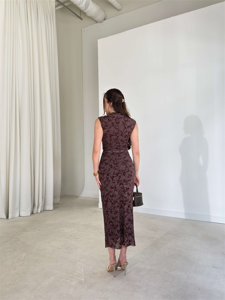 Önü Düğmeli Desenli Drapeli Kavle Kahve Kadın Elbise 26Y101