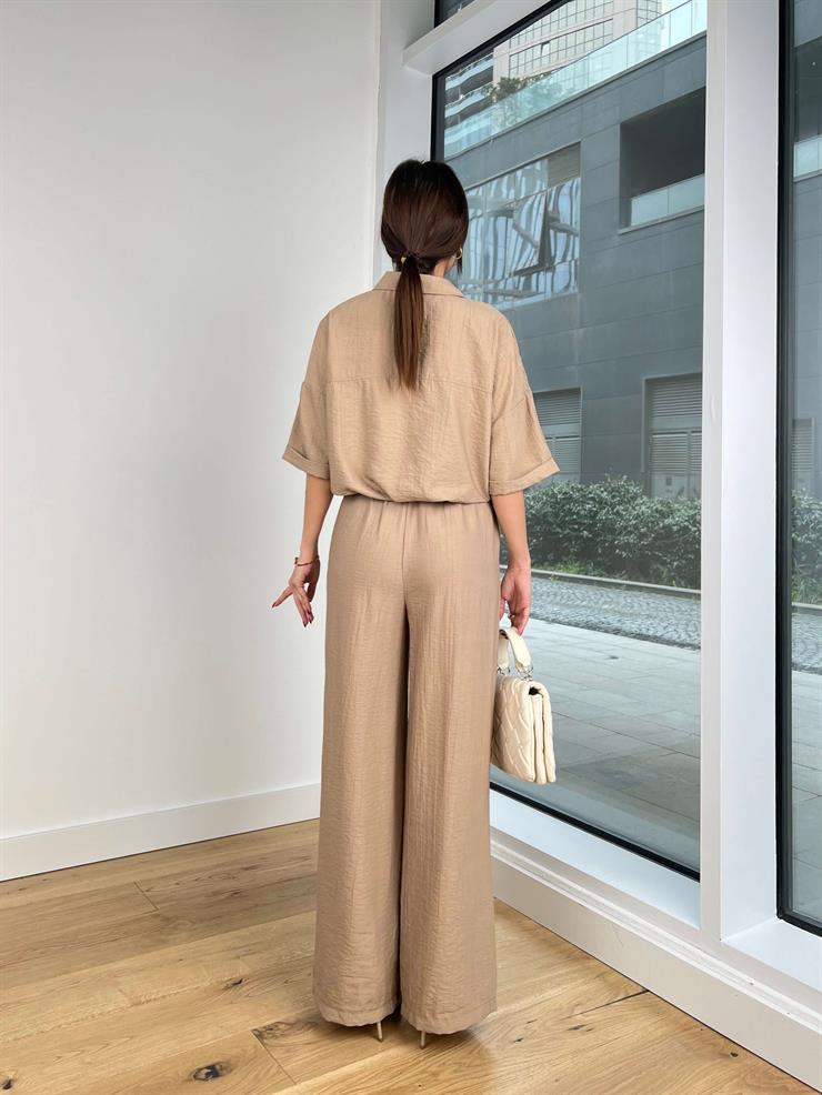 Yarım Kol Büyük Cepli Gömlek Beli Bağcıklı Ve Lastikli Bol Pantolon Kaydat Kadın Vizon Keten Takım 24Y202