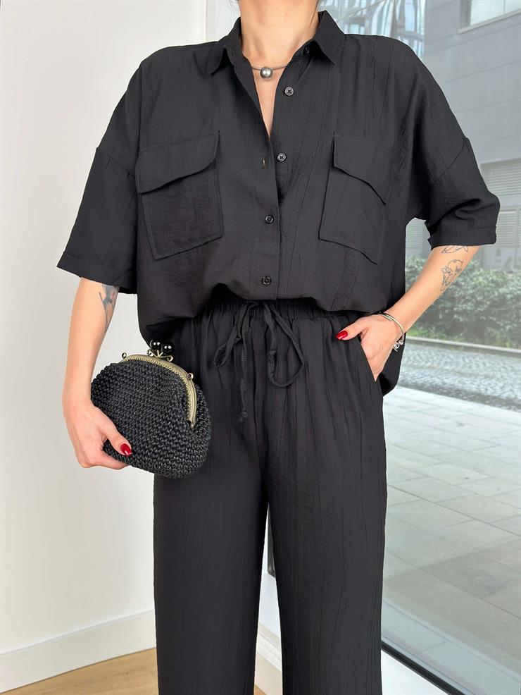 Yarım Kol Büyük Cepli Gömlek Beli Bağcıklı Ve Lastikli Bol Pantolon Kaydat Kadın Siyah Keten Takım 24Y202