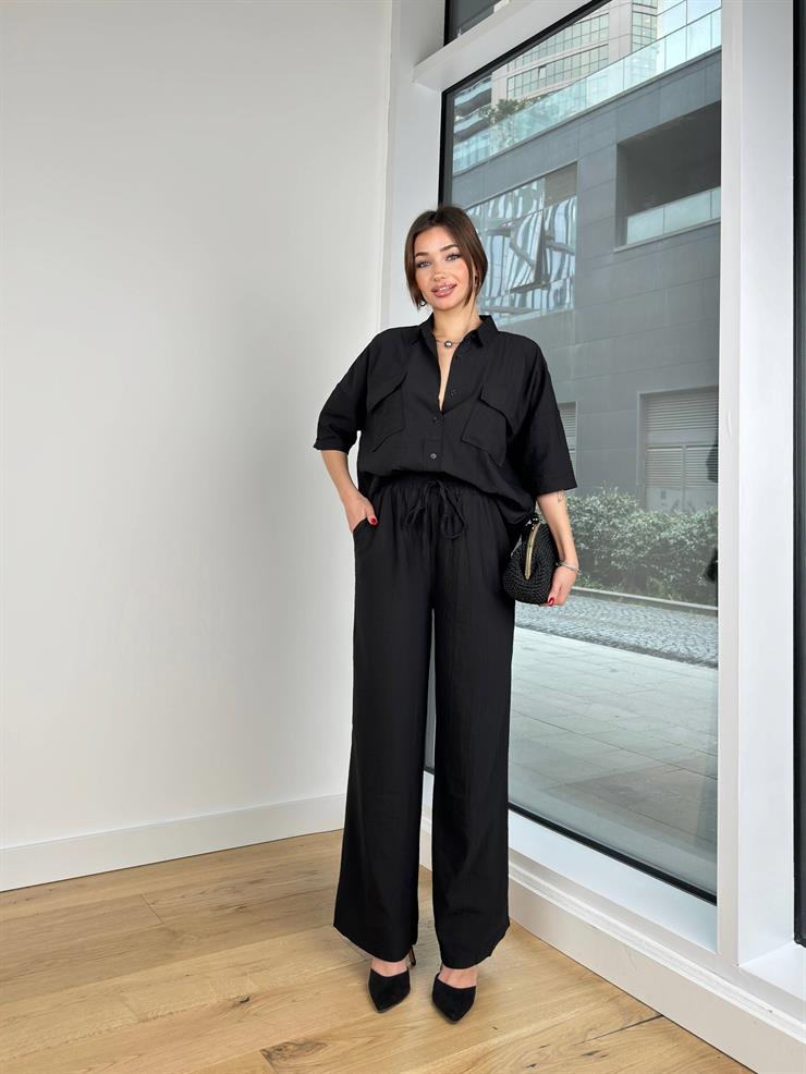 Yarım Kol Büyük Cepli Gömlek Beli Bağcıklı Ve Lastikli Bol Pantolon Kaydat Kadın Siyah Keten Takım 24Y202
