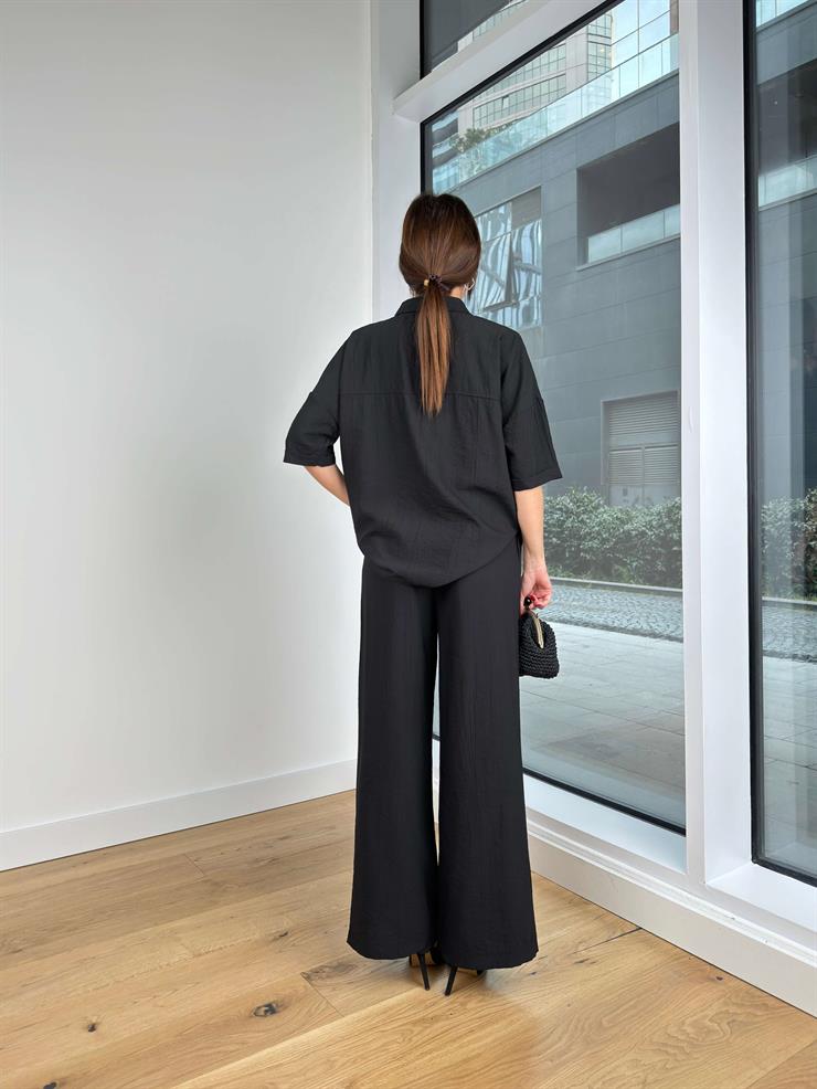 Yarım Kol Büyük Cepli Gömlek Beli Bağcıklı Ve Lastikli Bol Pantolon Kaydat Kadın Siyah Keten Takım 24Y202