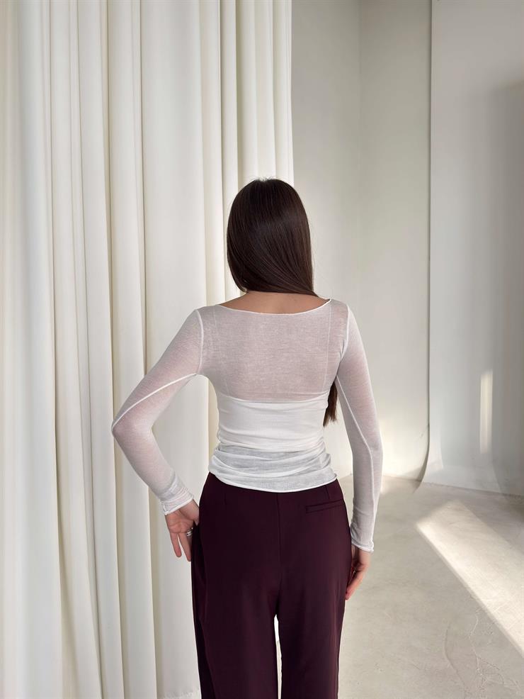 Uzun Kol Transparan Kayık Yaka Ekru Kadın Bluz 26K359