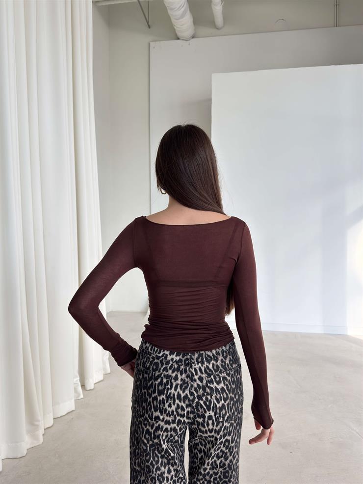 Uzun Kol Transparan Kayık Yaka Kahve Kadın Bluz 26K359