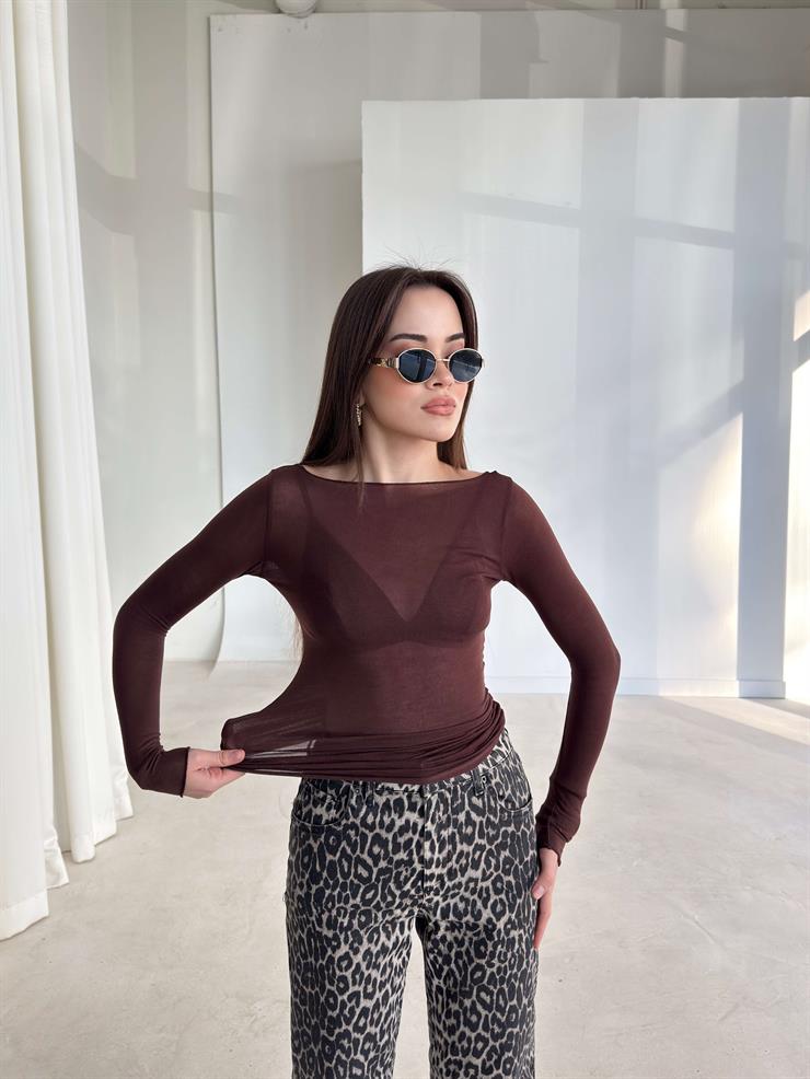 Uzun Kol Transparan Kayık Yaka Kahve Kadın Bluz 26K359