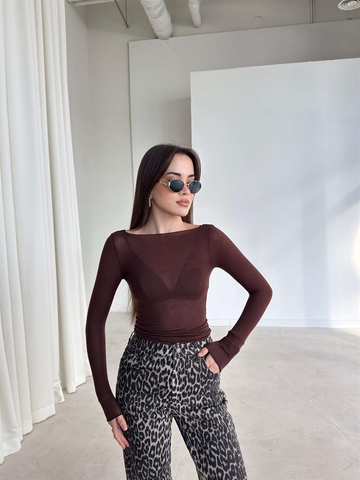 Uzun Kol Transparan Kayık Yaka Kahve Kadın Bluz 26K359