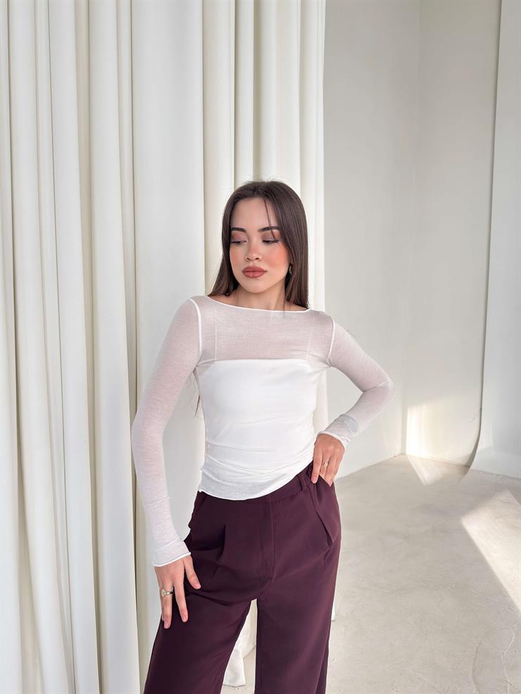 Uzun Kol Transparan Kayık Yaka Ekru Kadın Bluz 26K359