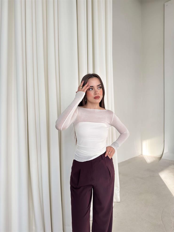 Uzun Kol Transparan Kayık Yaka Ekru Kadın Bluz 26K359