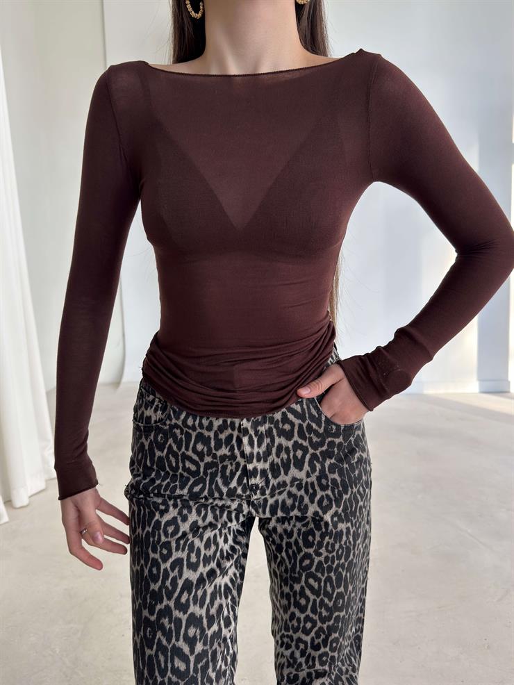 Uzun Kol Transparan Kayık Yaka Kahve Kadın Bluz 26K359