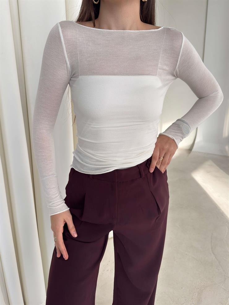 Uzun Kol Transparan Kayık Yaka Ekru Kadın Bluz 26K359