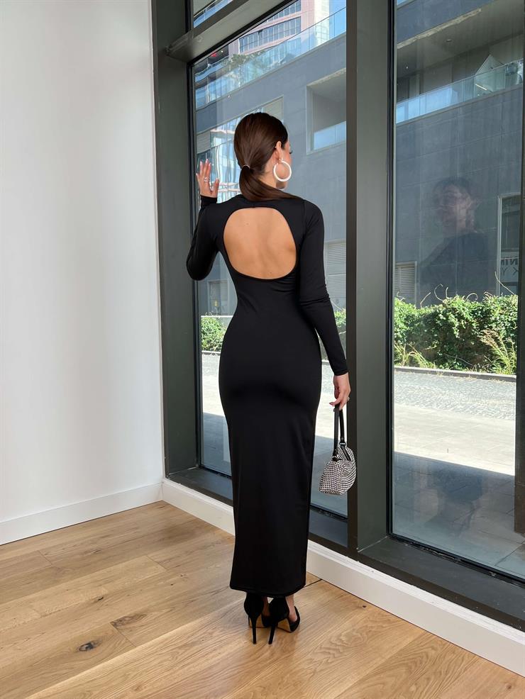 Sırt Dekolteli Uzun Kollu Kaylan Kadın Siyah Elbise 24k231