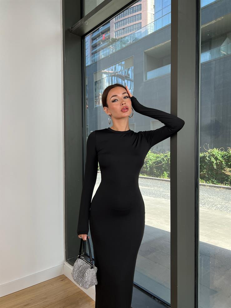 Sırt Dekolteli Uzun Kollu Kaylan Kadın Siyah Elbise 24k231