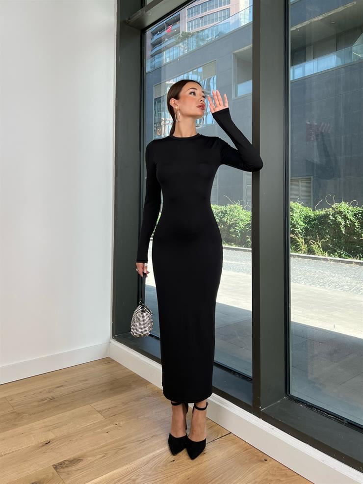 Sırt Dekolteli Uzun Kollu Kaylan Kadın Siyah Elbise 24k231