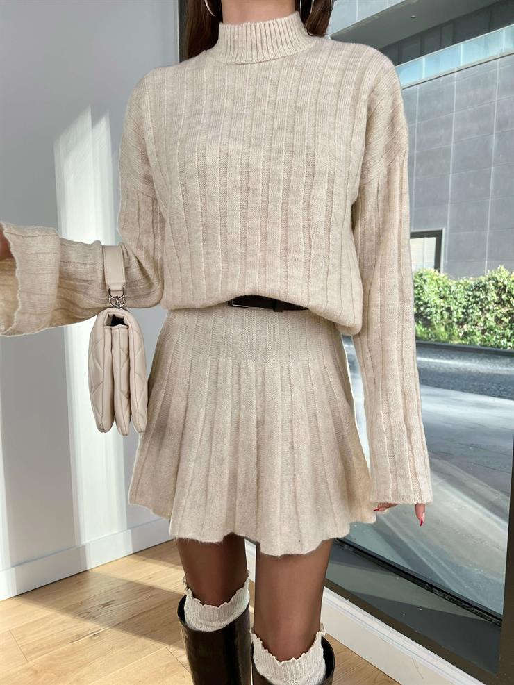 Boğazlı Geniş Kollu Kazak Pileli Etek Tavita Kadın Taş Triko Takım 24Y076