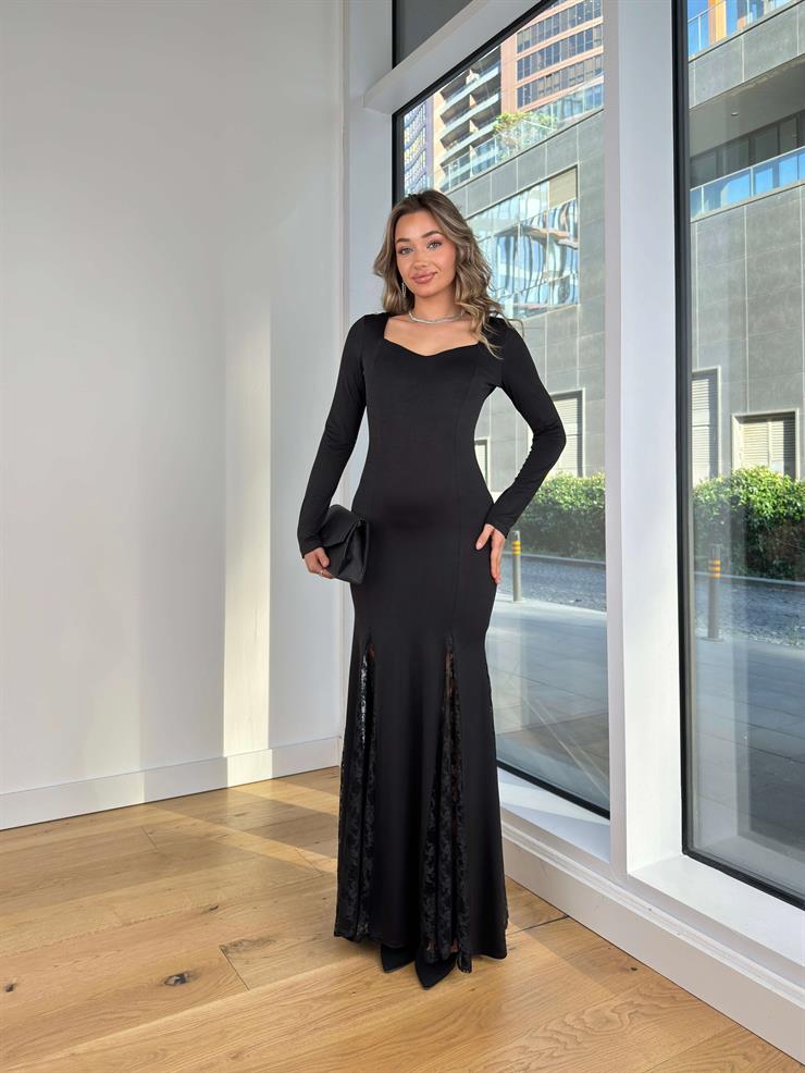 Uzun Kol Yırtmacı Dantel Detaylı Kaylen Siyah Kadın Elbise 25K399
