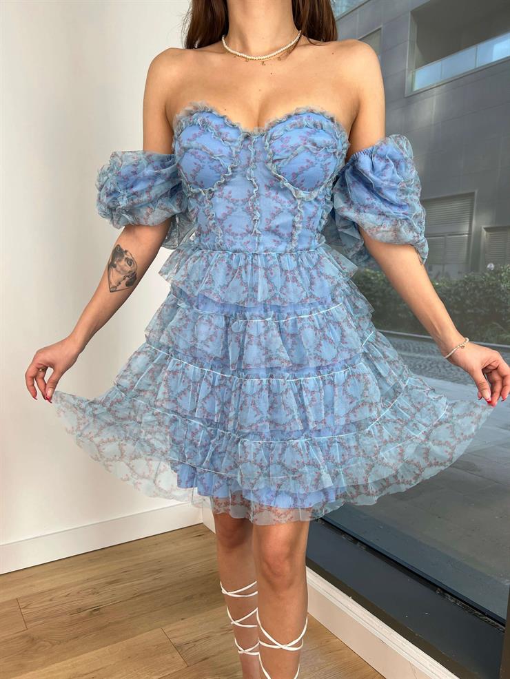 Kısa Balon Kol Eteği Katlı Kayron Kadın Mavi Mini Elbise 24Y068