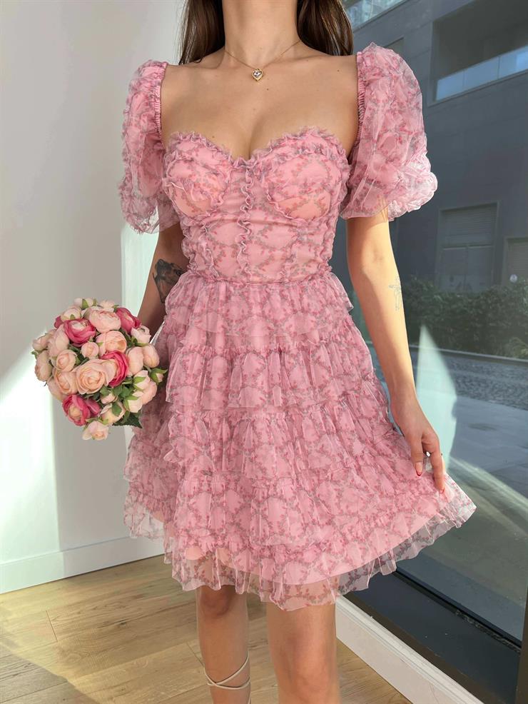 Kısa Balon Kol Eteği Katlı Kayron Kadın Pudra Mini Elbise 24Y068