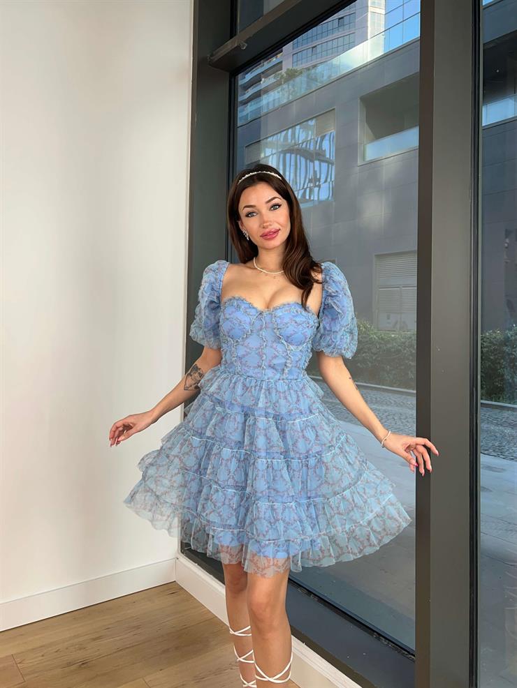 Kısa Balon Kol Eteği Katlı Kayron Kadın Mavi Mini Elbise 24Y068