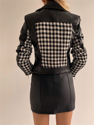 Deri Kazayağı Desenli Kadın Siyah Ceket 22K000056