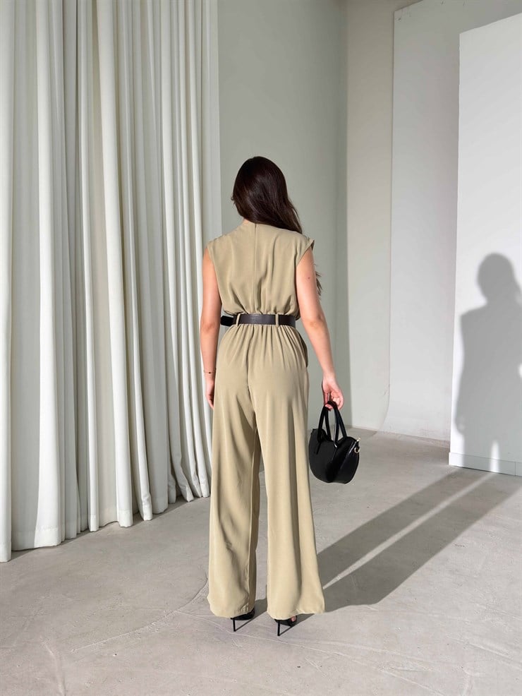 Drape Detaylı Kemerli Haki Keely Kadın Tulum 26Y386
