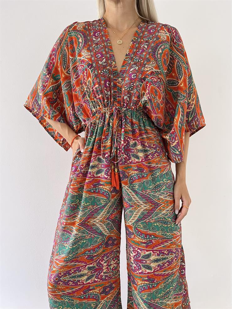 V Yaka Geniş Kol Beli İp Bağlamalı Keith Kadın Renkli Tulum 23Y000555