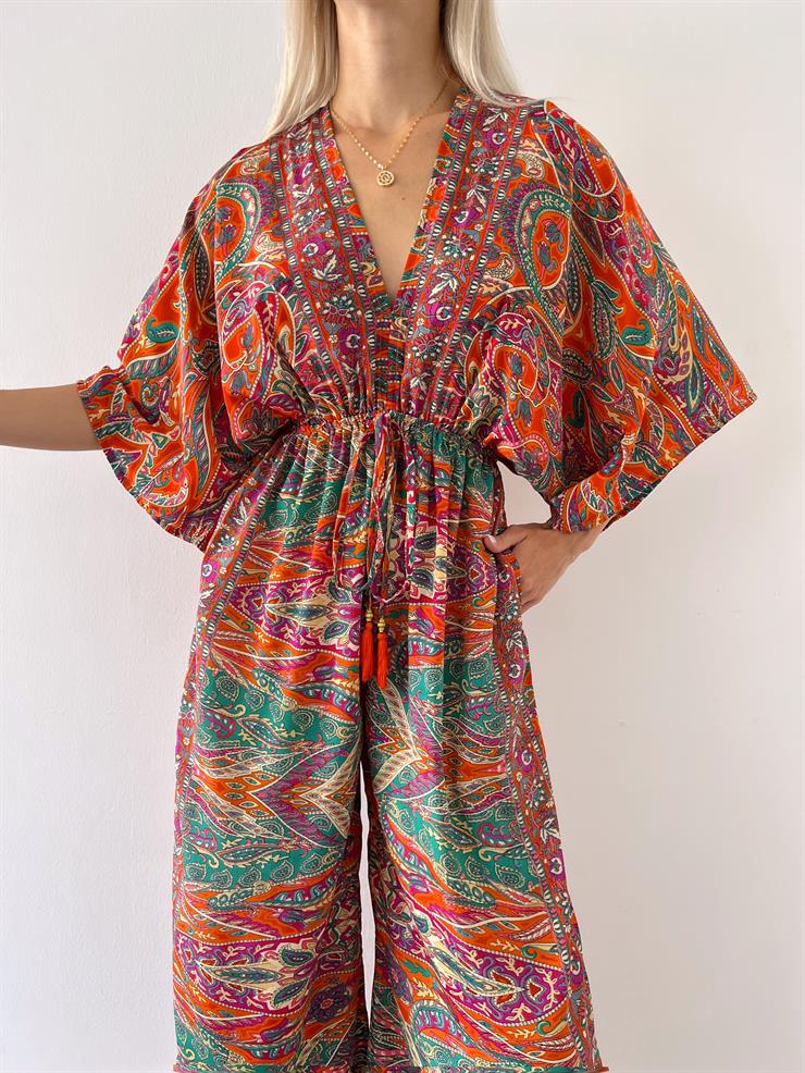 V Yaka Geniş Kol Beli İp Bağlamalı Keith Kadın Renkli Tulum 23Y000555