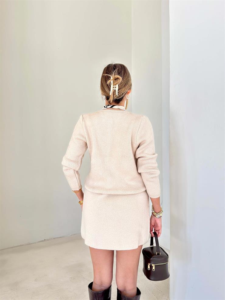 Kalp Düğmeli Hırka Beli Lastikli Mini Etek Keldi Bej Kadın İkili Triko Takım 26K157