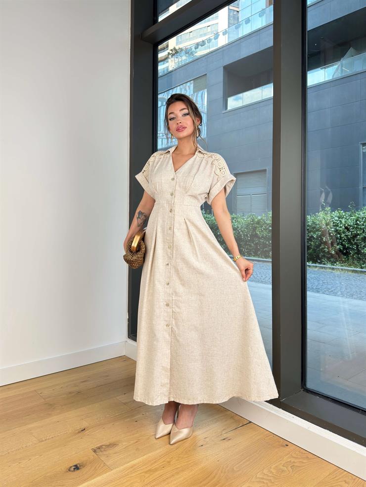 V Yaka Kısa Kol Önü Düğme Kapamalı Kelendar Natural Kadın Elbise 25Y424