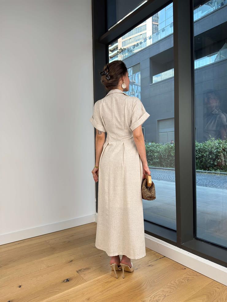 V Yaka Kısa Kol Önü Düğme Kapamalı Kelendar Natural Kadın Elbise 25Y424
