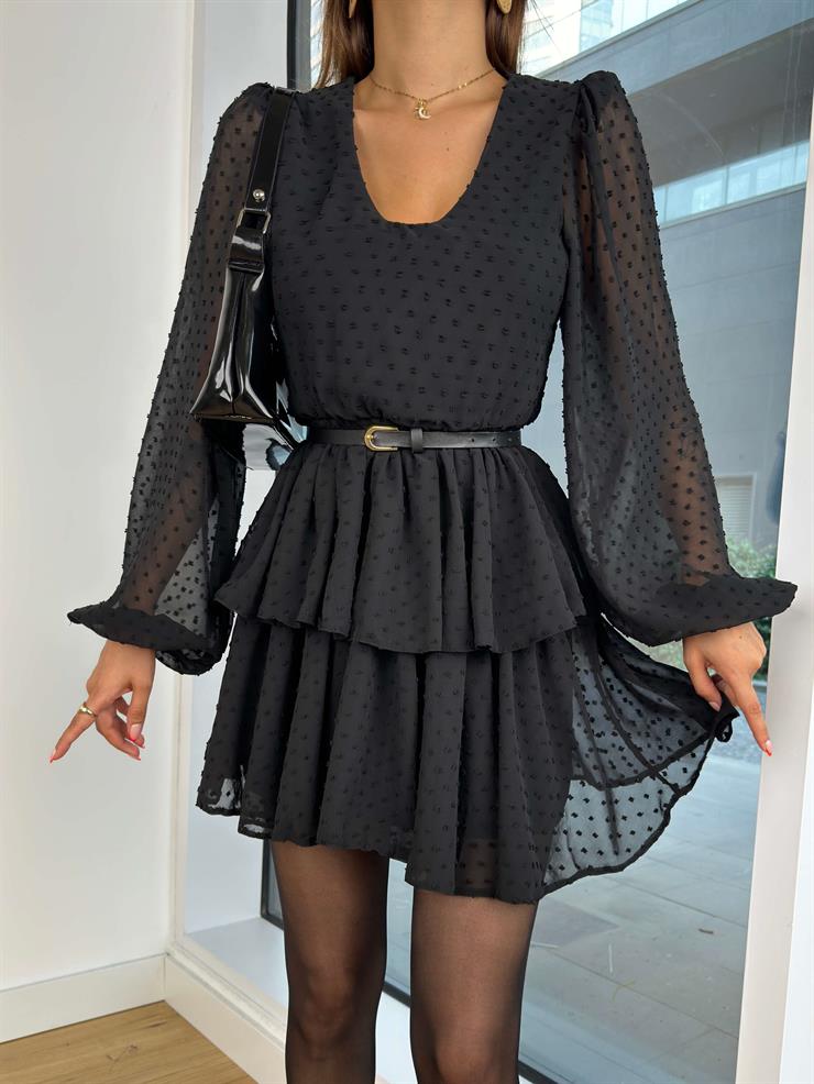 Uzun Tül Kol Eteği Katlı Puantiyeli Keleri Kadın Siyah Mini Elbise 25K024