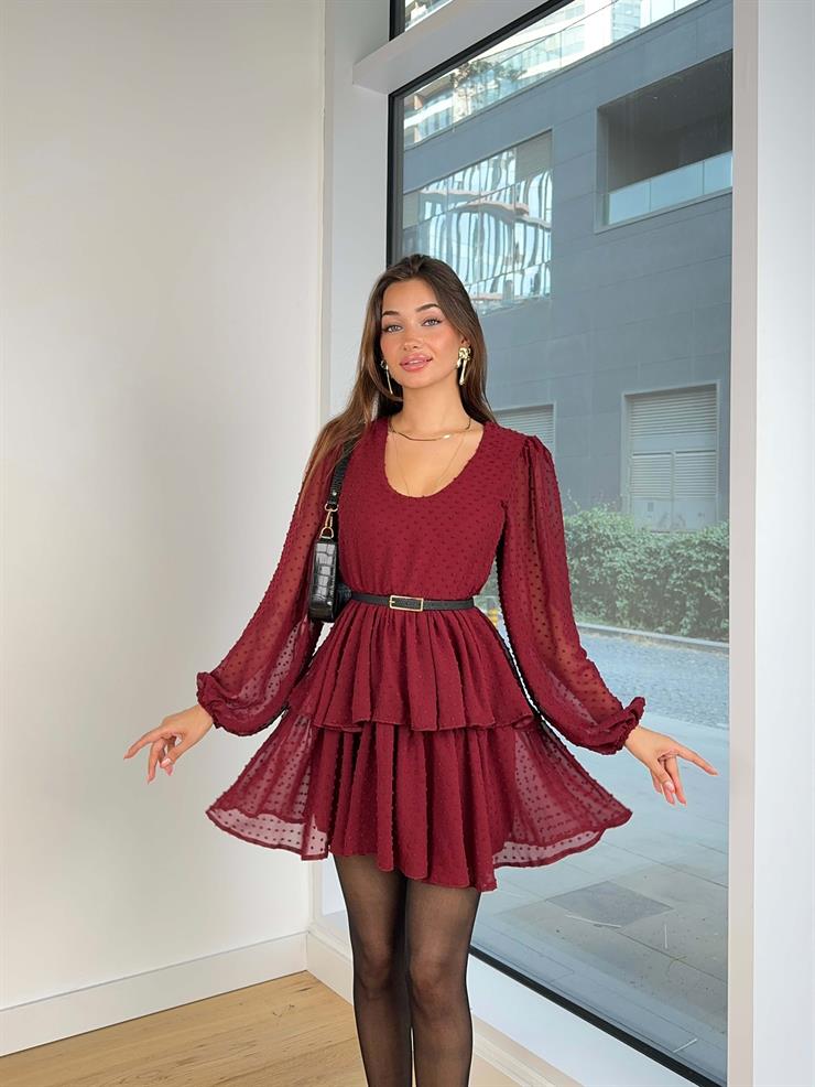 Uzun Tül Kol Eteği Katlı Puantiyeli Keleri Kadın Bordo Mini Elbise 25K024