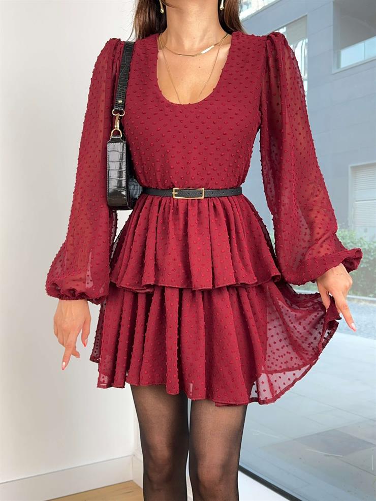 Uzun Tül Kol Eteği Katlı Puantiyeli Keleri Kadın Bordo Mini Elbise 25K024